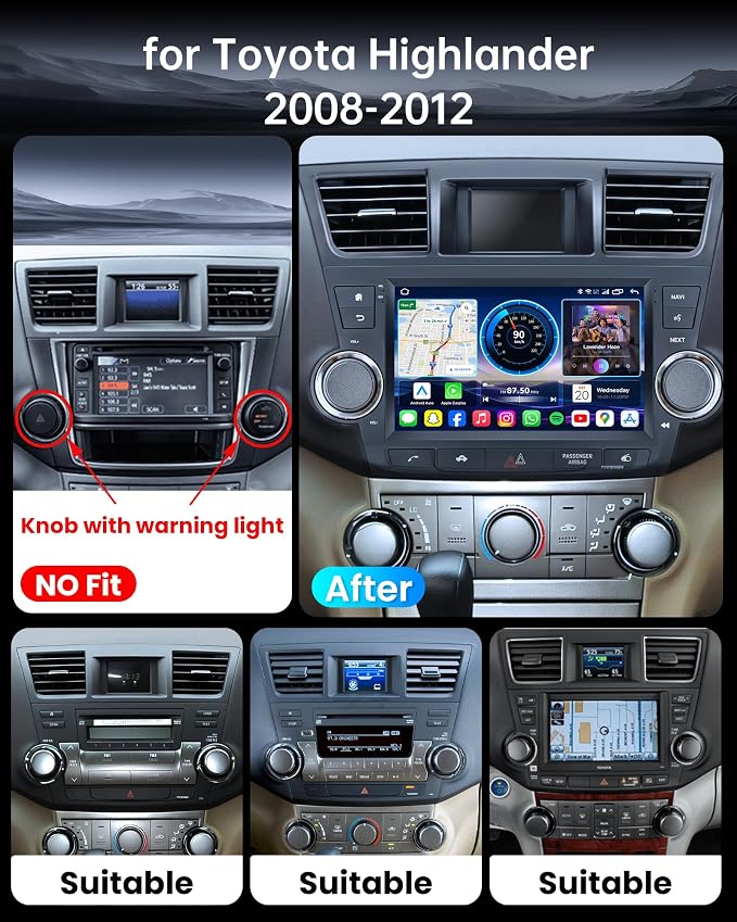 8 Core 4GB+64GB for Toyota Highlander 2008-2012 Car Radio Stereo Upgrade: Android 15, 9-Inch 1280 x 800 IPS, 5G Wireless CarPlay Android Auto, AM FM RDS, DSP, WiFi 6, GPS, SWC, Backup Camera