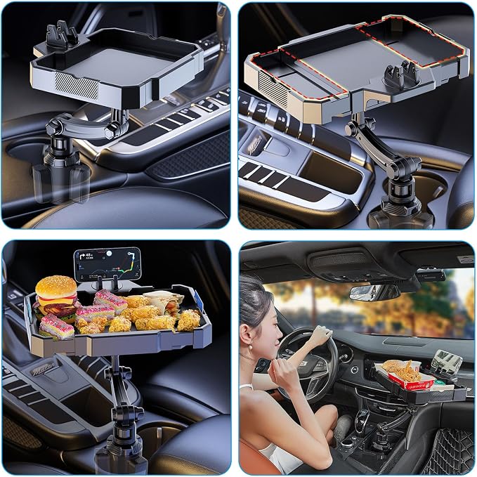 7.9-9.8in Expandable Car Cup Tray, 360 Rotating w/Phone Holder for RV Truck | Road Trip Essentials / Travel Must-Have / Snacks Food Tray