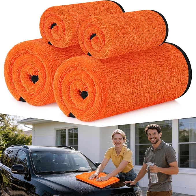 4 Pack Twisted Loop Car Drying Towel, Microfiber Towels for Cars 24"x36", Reusable Shammy Quick Dry Cloth for Carwash, for Auto, Boat, RV, Garage & Home