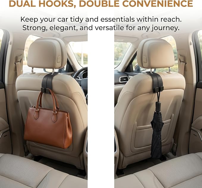 Leather Headrest Hooks for Car, 2 Pack Premium Car Seat Back Storage Hooks with Double Metal Hangers for Purses, Handbags, Groceries and Backpacks, Universal Heavy Duty Car Purse Holder Accessories