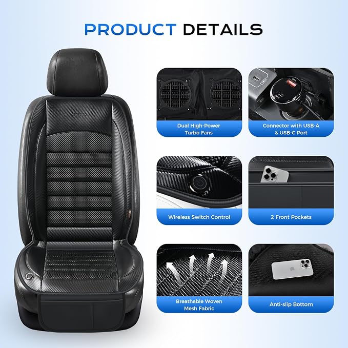 Coverado Cooling Car Seat Cover, Ventilated Seat Cushion with Dual Turbo Fans, 3 Wind Speed, Built-in USB Ports, Breathable Mesh & Carbon Fiber Fabric, Cooled Seat Cover Universal Fit for Cars, Black
