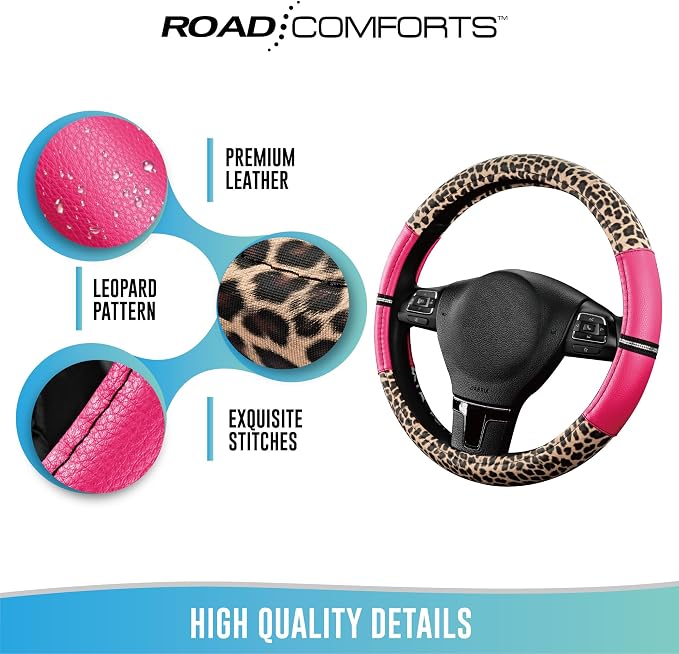 Leopard Steering Wheel Cover for Women, Cute Anti-Slip Microfiber Leather, Universal Fit 14.5-15 Inch Round Steering Wheel - HotPink