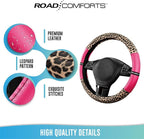 Leopard Steering Wheel Cover for Women, Cute Anti-Slip Microfiber Leather, Universal Fit 14.5-15 Inch Round Steering Wheel - HotPink