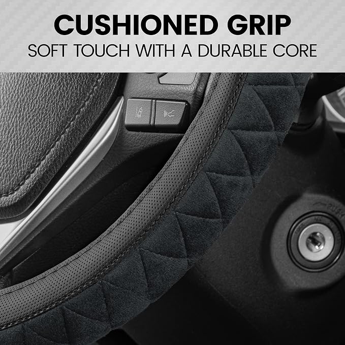 GripTech Plush Fuzzy Steering Wheel Cover for Car Truck Van SUV, Standard 15 inch Size, Soft Black Fluffy Exterior, Comfortable Ergonomic Car Steering Wheel Cover