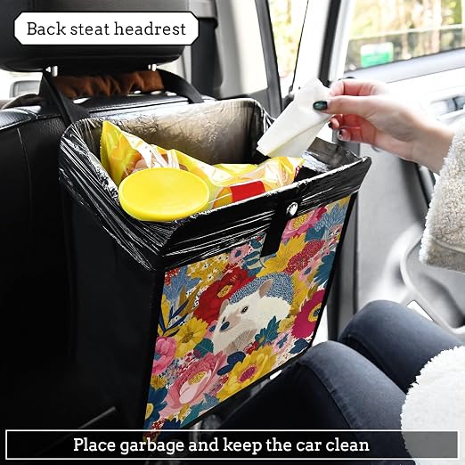 Car Trash Can Organizer Bin with Adjustable Strap for Back Front Seat Console Waterproof Leakproof Collapsible Portable 11 Inch Garden Flowers Hedgehogs Colorful
