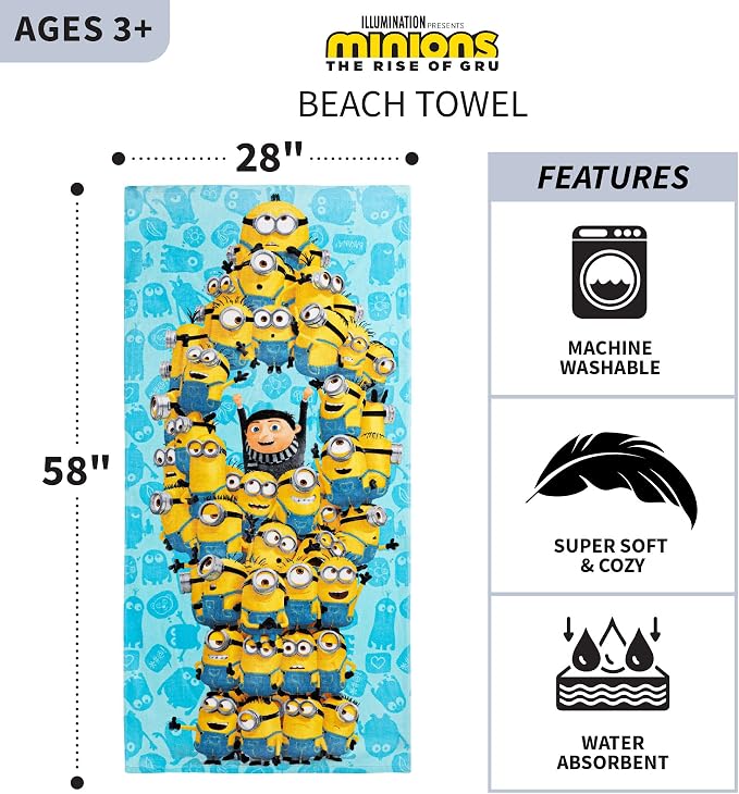 Kids Super Soft Cotton Bath/Pool/Beach Towel, 58 in x 28 in, Minions The Rise Of Gru