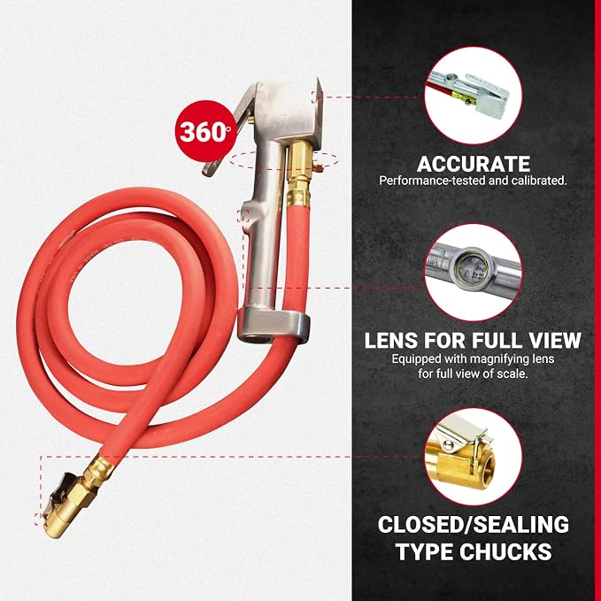 518 Analog Tire Inflator with Pressure Gauge, 5' Hose Easy Straight Clip-on Chuck, Made In USA (OSHA Compliant) 10-160 PSI