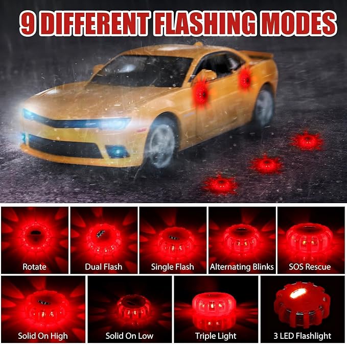 12 Pack LED Road Flares Emergency Lights Roadside 9 Flash Modes Warning Car Safety Beacon Magnet Hook Flashing Disc Flare Kit for Vehicles Car Truck Boats Holiday Gift(Red)