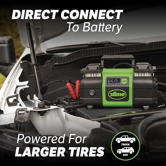 40083 Tire Inflator, Super Duty Pro Power, Battery Connection, Dual Piston, with Digital 0-99 psi Gauge, Long Hose and LED Light, Alligator Clips, 2 min Inflation