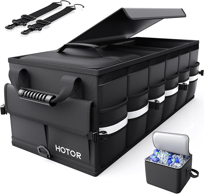 Car Trunk Organizer - Trunk Organizer for SUV with Removable Cooler Bag, Foldable Cover, 3 Compartment Car Storage Essential Car Accessories for Truck, Van & Sedan, Black, 33.1" x 12.6" x 11.0"