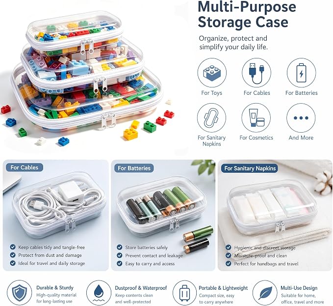 Clear Hard Plastic Zipper Case,Transparent Double Zippers Hard Pouch with 3pcs,Portable Travel Organizer Bin for Toy Storage