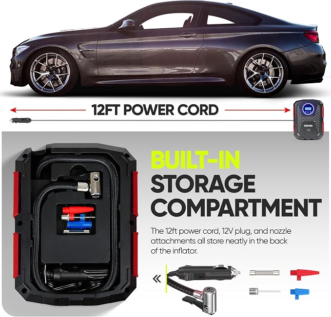 Tire Inflator Portable Air Compressor, Air Pump for Car Tires and Bikes, Car Tire Pump w/Auto Shut Off, 150 PSI, 12V DC, LED Light, Carrying Case, for Men, Women