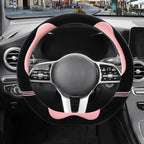 Furry Cute Soft D Shaped Steering Wheel Cover 14 inch Black Pink | Fluffy Short Plush Car Accessories, Non-Slip Cold-Proof Sweat-Proof Colorfast, Small 13.5 inch to 14 inch