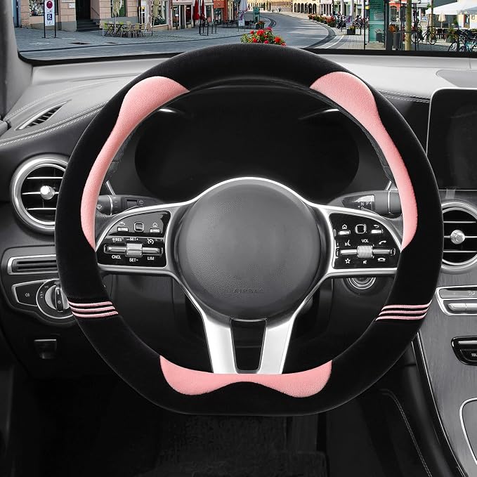 Furry Cute Soft D Shaped Steering Wheel Cover 14 inch Black Pink | Fluffy Short Plush Car Accessories, Non-Slip Cold-Proof Sweat-Proof Colorfast, Small 13.5 inch to 14 inch
