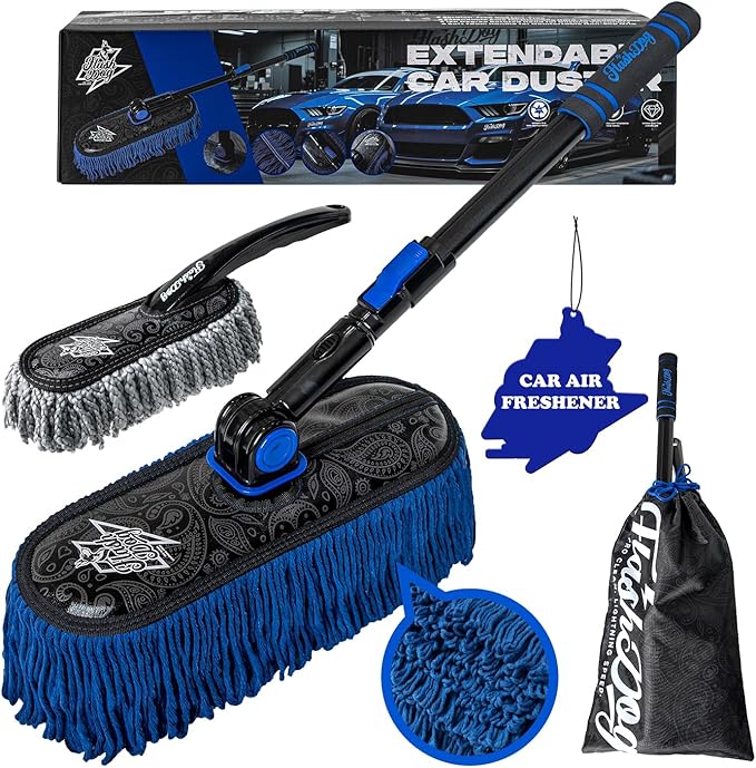 Car Duster Exterior with Car Duster Interior | Wax Cotton Hair Scratch Free Cleaning for Cars, SUVs, Trucks | Waterless Dust Remover & Detailing Brushes Set with Storage