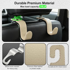 Car Seat Headrest Hook, Universal Vehicle Storage Hanger, Leather with Metal Car Seat Back Organizer for Handbag, Purse, Coat, Ergonomic Design, Beige 2 Pack