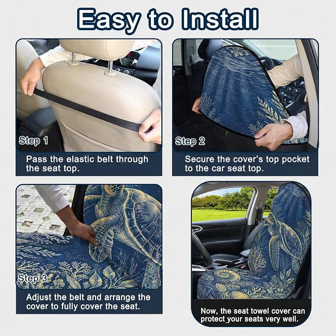 Car Seat Towel Cover 2 Pack for Front Seats, Sweat Absorbent Car Seat Protector with Non-Slip Backing, Waterproof Towel Car Seat Covers for Runners, Gym, Swimming, Beach, Vintage Sea Turtle