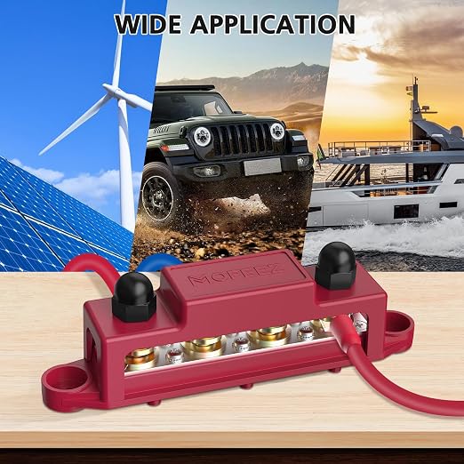 Power Distribution Block Bus Bar, 4 x 3/8" Post Marine Bus Bar Battery Busbar Terminal Block with Cover, Lugs, Ring Terminals (Pair, Red & Black)