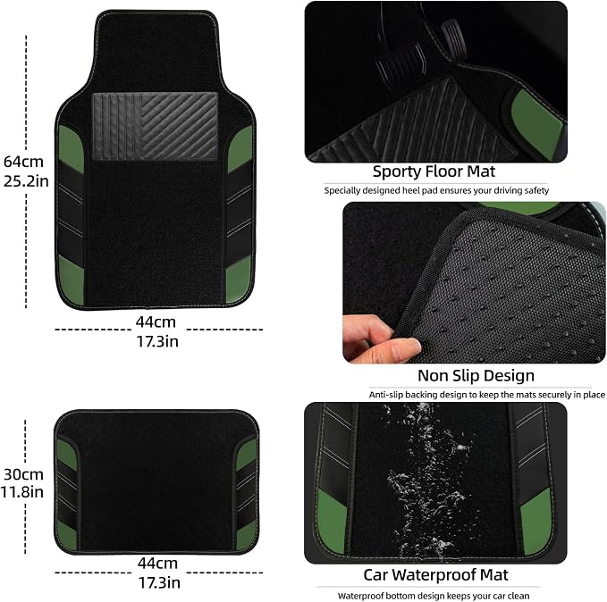 10 Pcs Car Floor Mats Full Set & Sport Leather Steering Wheel Cover 14.5-15 inch, Center Console Cover, Seat Belt Cushion, Cup Holder Coaster, Universal Automobile Interior Sets (Green)
