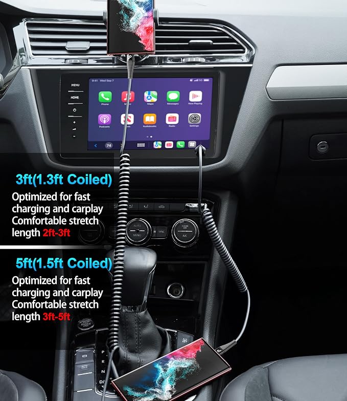 Coiled USB C Cable Fast Charging for Car 3FT/5FT, USB A to USB C Cable, Type C Charge Cord USB-C Charging Cable Compatible with iPhone 17/16/15/Samsung Galaxy S20 and More USB C Devices-Black