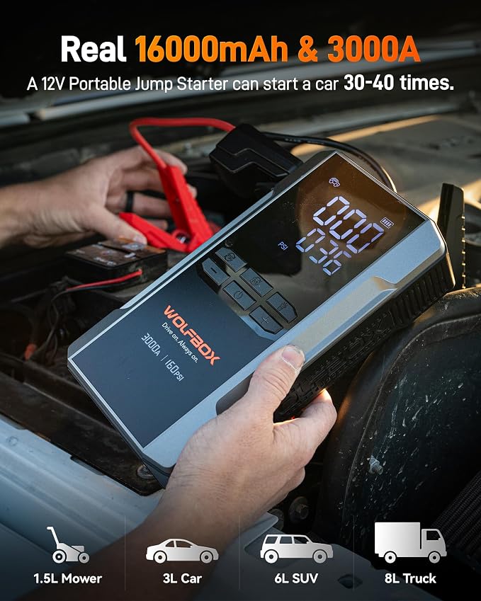 MV16A 3000A Jump Starter with Air Compressor, 59.2Wh&160PSI Portable Car Battery Jump Starter with 65W Fast Charging, 12V Battery Pack (8L Gas 6L Diesel) with Boost, Light and Jumper Cables