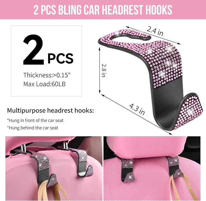 11 PCS Bling Car Accessories Set for Women, Sparkly Rhinestone Diamond Steering Wheel Cover, Bling Seat Belt Cushion, Shift Knob Cover, Push Start Button Ring, Car Cup Holder Coaster, Pink