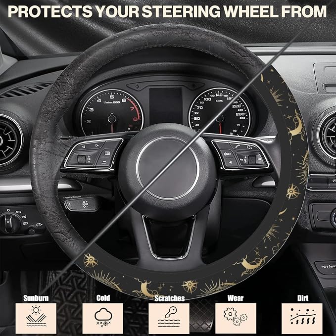 Magical Clouds with Moon Steering Wheel Cover, Sun and Stars Elastic Non-Slip Steering Wheel Protector,Auto Interior Decor for Women Girls,Universal 15" Fit for Sedans,Trucks
