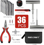 36-Piece Tire Repair Kit – Heavy Duty Flat Tire Plug Kit with T-Handle Tools, 25 Rubber Plugs, 4-Way Valve Tool, Pliers, Folding Knife – Portable Tool Bag – Universal for Car