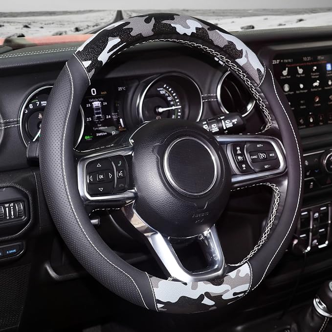 Army Camo Steering Wheel Cover, Universal 15 inch, Breathable PU Leather, Comfort Grip, Durable Steering Wheel Accessories for Car Truck SUV, Anti Slip, Black