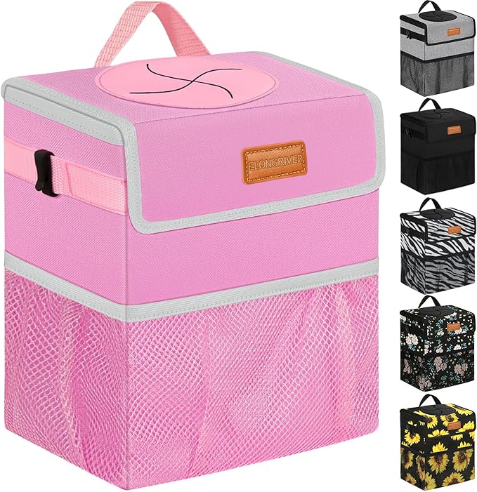 Car Trash Can for SUVs, Trucks, Vans - Pink, 2 Gallons Capacity, Leak-Proof Liner, Utility Clasps, Cute Design