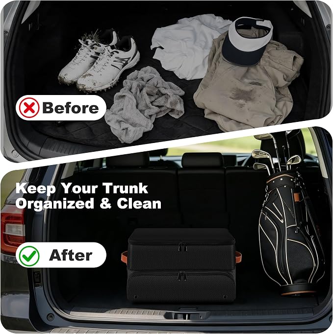 Golf Trunk Organizer, 2 Layer Golf Storage Bag with Ventilated Shoe Compartment, Golf Accessories Equipment Locker, Cool Birthday Gifts for Men Dad Women(Black)