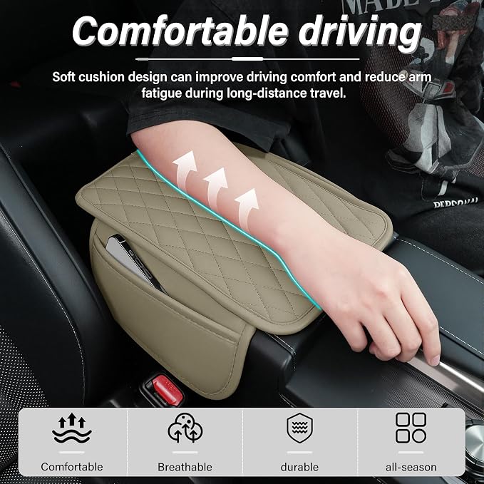 Car Center Console Cover, Leather Car Armrest Cushion with 2 Storage Pockets, Universal Waterproof Cushion Pad, Non-Slip Car Interior Accessories, Fits Most Sedans SUVs Trucks (Light Beige)