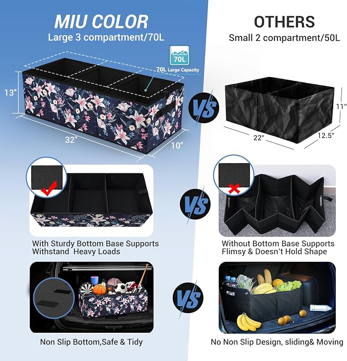 Trunk Organizer for Car, Car Organizer, Sturdy Trunk Organizer for SUV, Non-Slip Bottom, Storage Organizer for Sedans, Van, Jeep, Grocery, Large 3 Compartments, Floral 32"×13"×10.6"