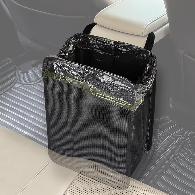 3 Gallons Open-Top Car Trash Can, Large Capacity Hanging Leakproof Car Trash Bag with Water-proof PEVA Liner, Stand Trash Bag for Cars Foldable Storage Bag for Cars SUV Truck RV Black