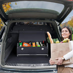 Car Organizer Trunk, Durable Collapsible Leather Trunk Organizer with Lid and Sturdy Handle, Auto Cargo Storage Compartments, SUV/Car Accessories for Men/Women (11.4 x 27 x 12.2, Black)