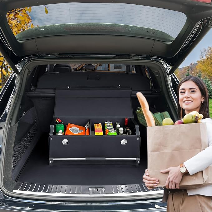 Car Organizer Trunk, Durable Collapsible Leather Trunk Organizer with Lid and Sturdy Handle, Auto Cargo Storage Compartments, SUV/Car Accessories for Men/Women (11.4 x 27 x 12.2, Black)