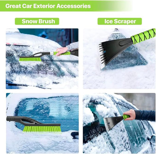 2 Pack 27" Snow Brush and Ice Scraper for Car Windshield - Green | Soft Non-Scratch Bristles, Non-Slip Foam Grip, Detachable Design, Car Snow Removal Tool for Windshields & Windows