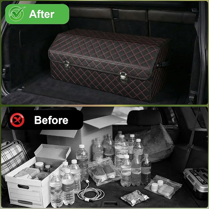 Trunk Organizer with Lid for Car Foldable Storage Box Heavy Duty PU Leather Cargo Organizer for SUV Sedan Waterproof (Red, Large)