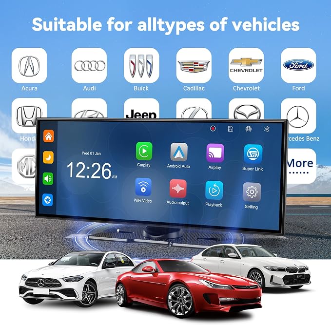 11.5" Extra Large Wireless Apple CarPlay Screen for Car, 4K Portable Car Play Screen & Android Auto HD Touch Screen, Dash Cam Front and Rear, App Control, Mirror Link, Voice Control, GPS, Bluetooth