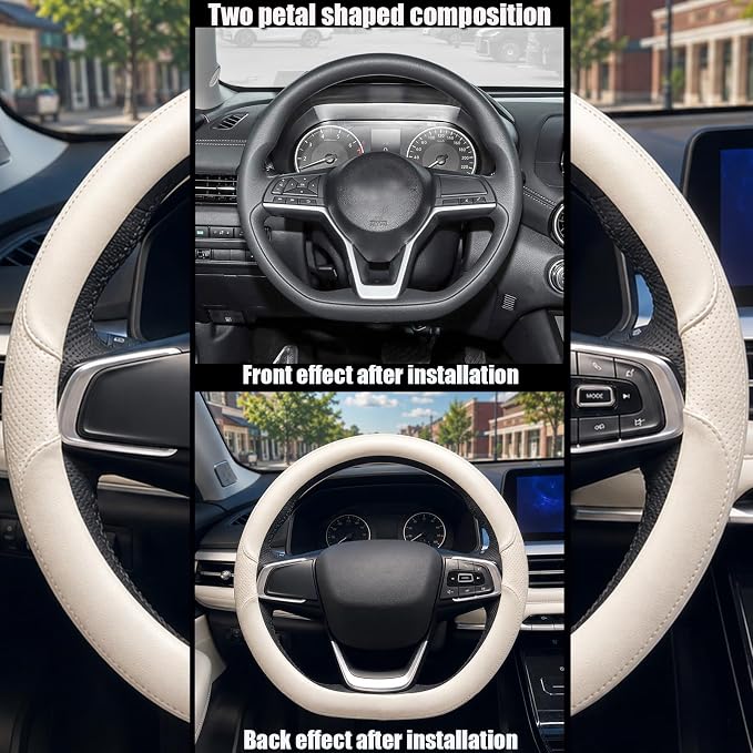 D Shaped Steering Wheel Cover, Flat Bottom Car Wheel Cover 14 1/2-15 inch (37-39 cm), Non-Folding Packaging, Microfiber Leather, Black and Light Creamy White
