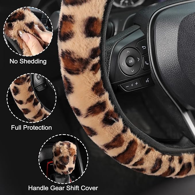 Furry Car Steering Wheel Cover with Gear Shift Cover, Soft and Warm, Cute Fluffy Auto Decor for Women Men, Standard Size, 2 PCS Set, Brown Leopard