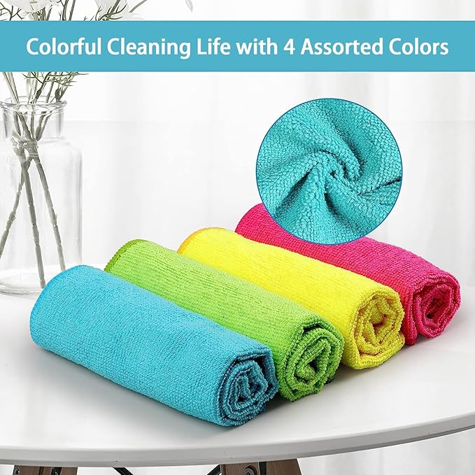 Microfiber Cleaning Cloth 210GSM, Pack of 12, Size:11.5" x 11.5", Ultra-Soft, High-Density Non-Abrasive Cleaning Towels for Cars, Glass, Kitchen, Reusable Rags, Blue/Green/Yellow/Pink