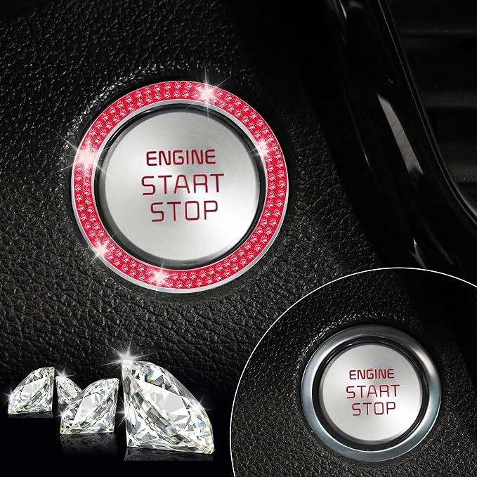 2 PCS Crystal Double Rhinestone Car Engine Start Stop Decoration Ring, Bling Car Interior Accessories for Women, Push to Start Button Cover Sticker, Automotive Decals, Red