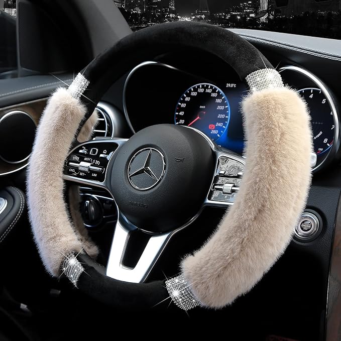 Steering Wheel Cover, Fluffy, Universal Rhinestone, Comfortable, Non-Slip Luxurious Faux Wool,Bedazzled Car Accessories for Women, Fits for 14.5 to 15 Inch