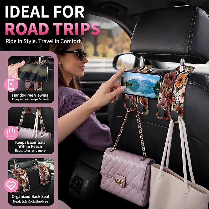 Car Seat Back Storage Hook, Funny Car Purse Hook, Cute Vehicle Storage Organizer for Purses Handbags Pink Vintage Floral