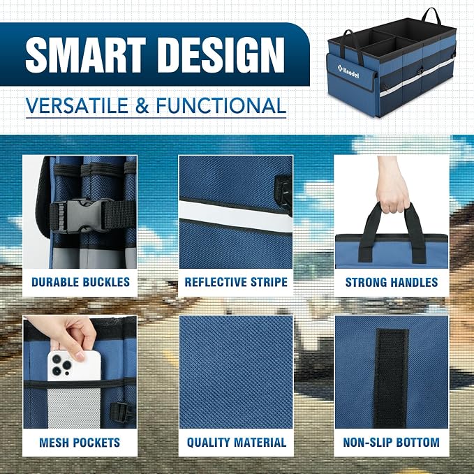K KNODEL Car Trunk Organizer with Lid, Collapsible Car Trunk Storage Organizer, Car Organizer and Storage for SUV, Truck, Sedan (Medium, Blue)