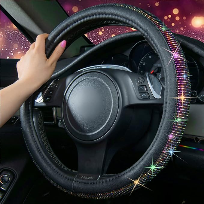 Bling Diamond Leather Steering Wheel Cover, with Bling Sparkly Crystal Glitter Rhinestones Universal Fit 13"1/2-14" Car Wheel Protector for Women Girl Fit Suvs,Vans,Sedans,Trucks, Multicolor