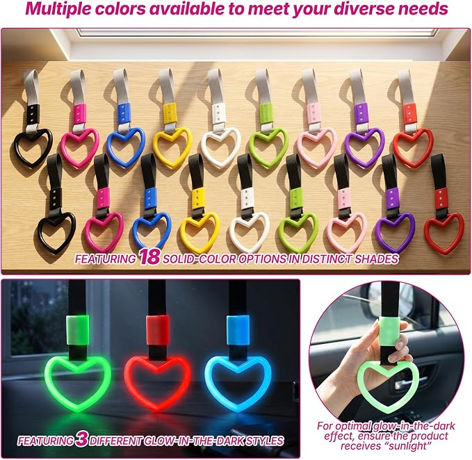 2 Pcs Heart Shaped Car Handle Strap – JD M Drift Charm Rear Bumper Warning Ring Decor for Car Interior Exterior, Subway Bus Handle Accessory, Cute Heart Car Decor Gift for Drivers (Hot Pink-Silver)