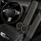 6 PCS Car Steering Wheel Cover Set, Microfiber Leather Steering Wheel Covers Universal 14.5-15 inch, Center Console Cover, Seat Belt Cushion, Cup Holder Coaster, Car Accessories Set Beige