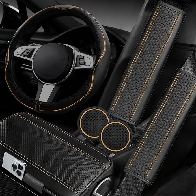 6 PCS Car Steering Wheel Cover Set, Microfiber Leather Steering Wheel Covers Universal 14.5-15 inch, Center Console Cover, Seat Belt Cushion, Cup Holder Coaster, Car Accessories Set Beige